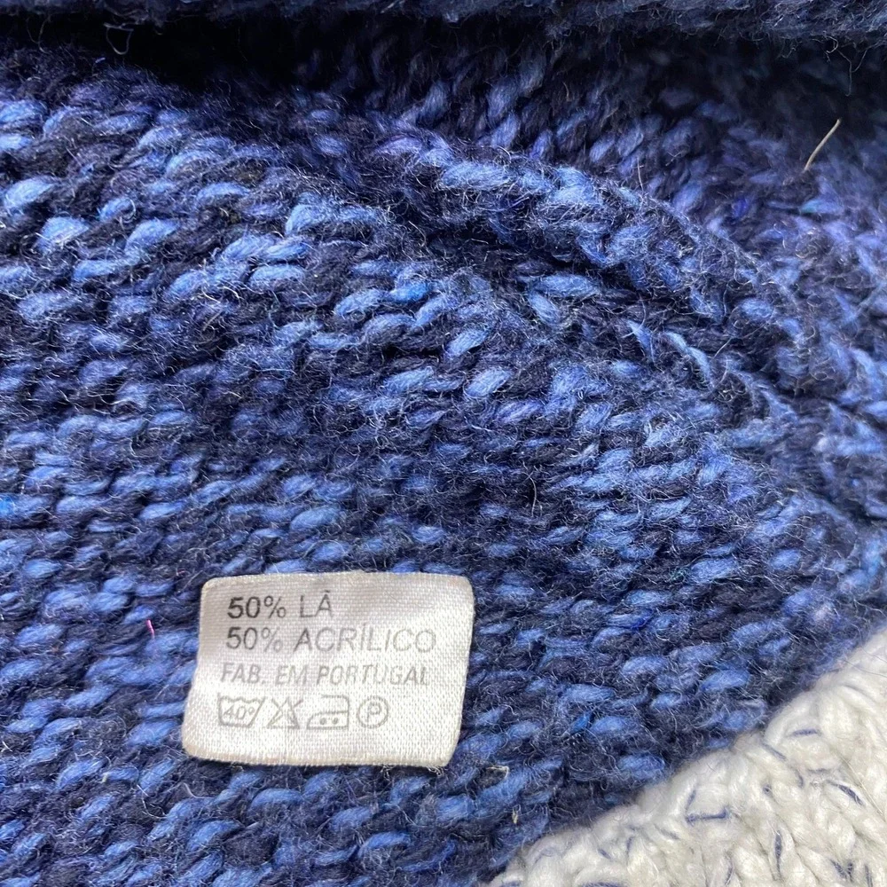 Vintage‎ Portugal Wool Blend Full Zip Greek Key Cardigan Sweater Blue White